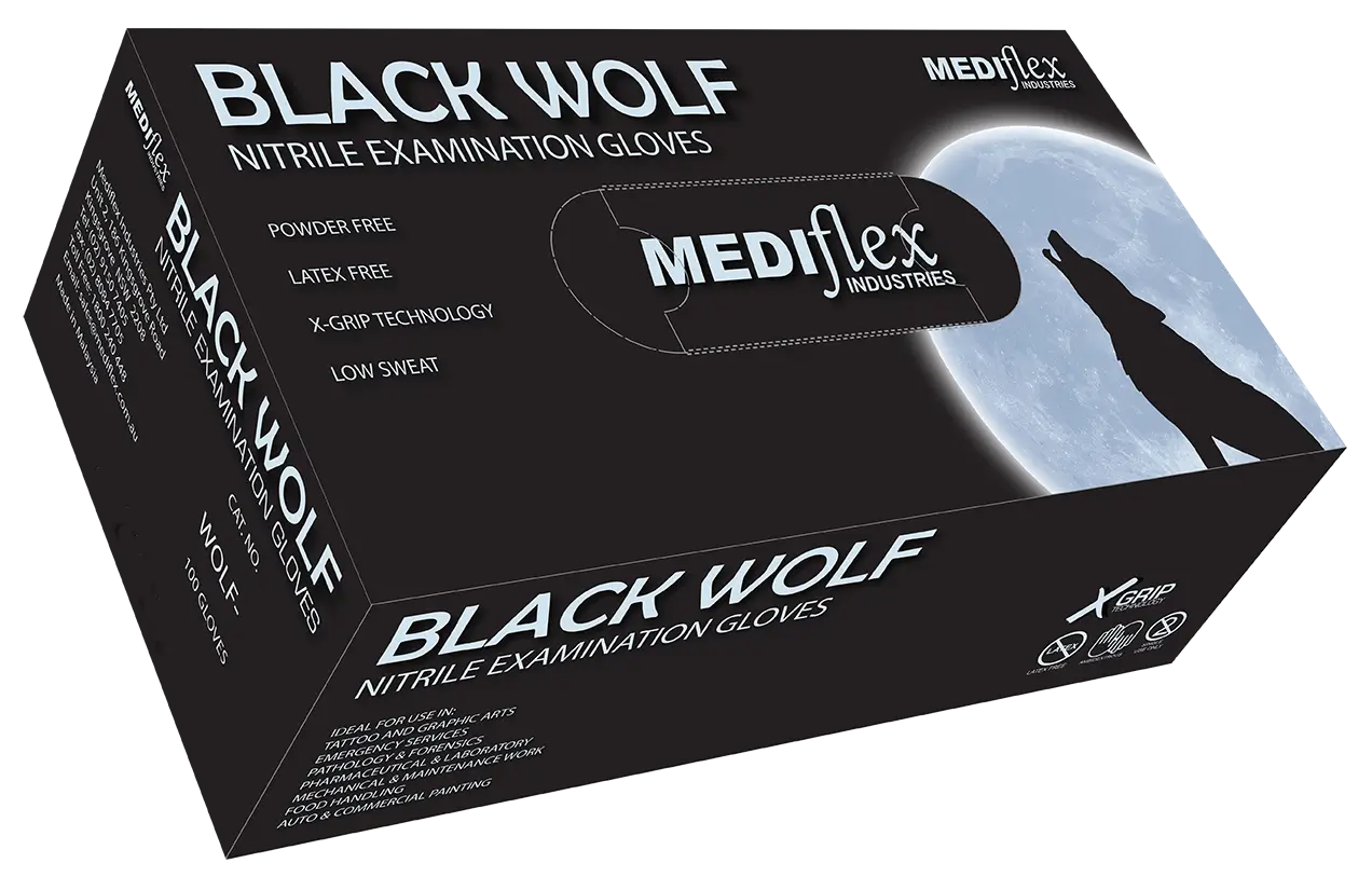 Box of Mediflex Black Wolf Nitrile Examination Gloves  on a white background